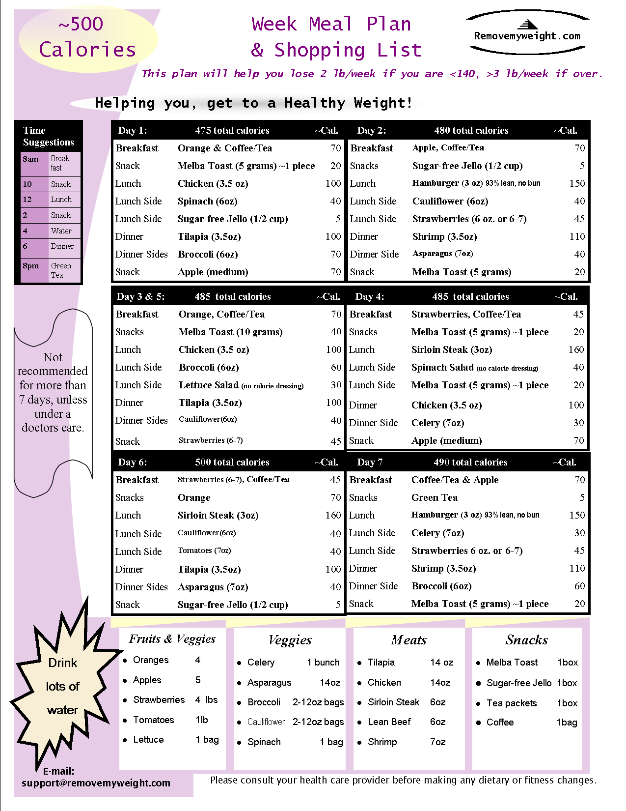 Printable 7 Day 500 Calorie Diet Menu With Grocery List