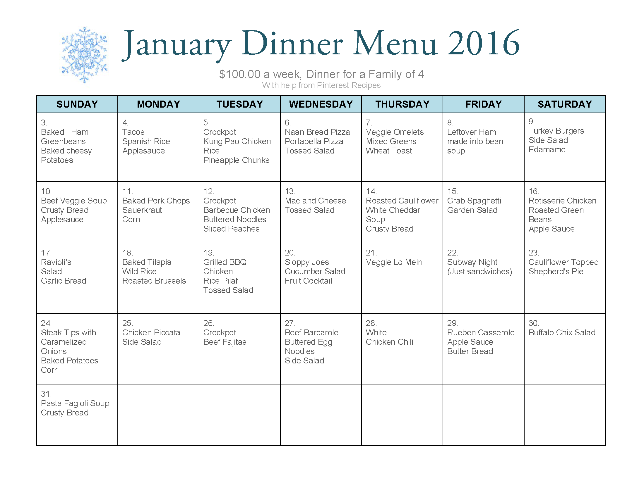  100 A Week Meal Plan For A Family Of 4 Dinner Menu 