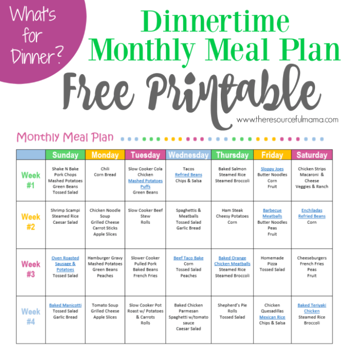 Monthly Meal Plan For Dinner Free Printable Monthly 