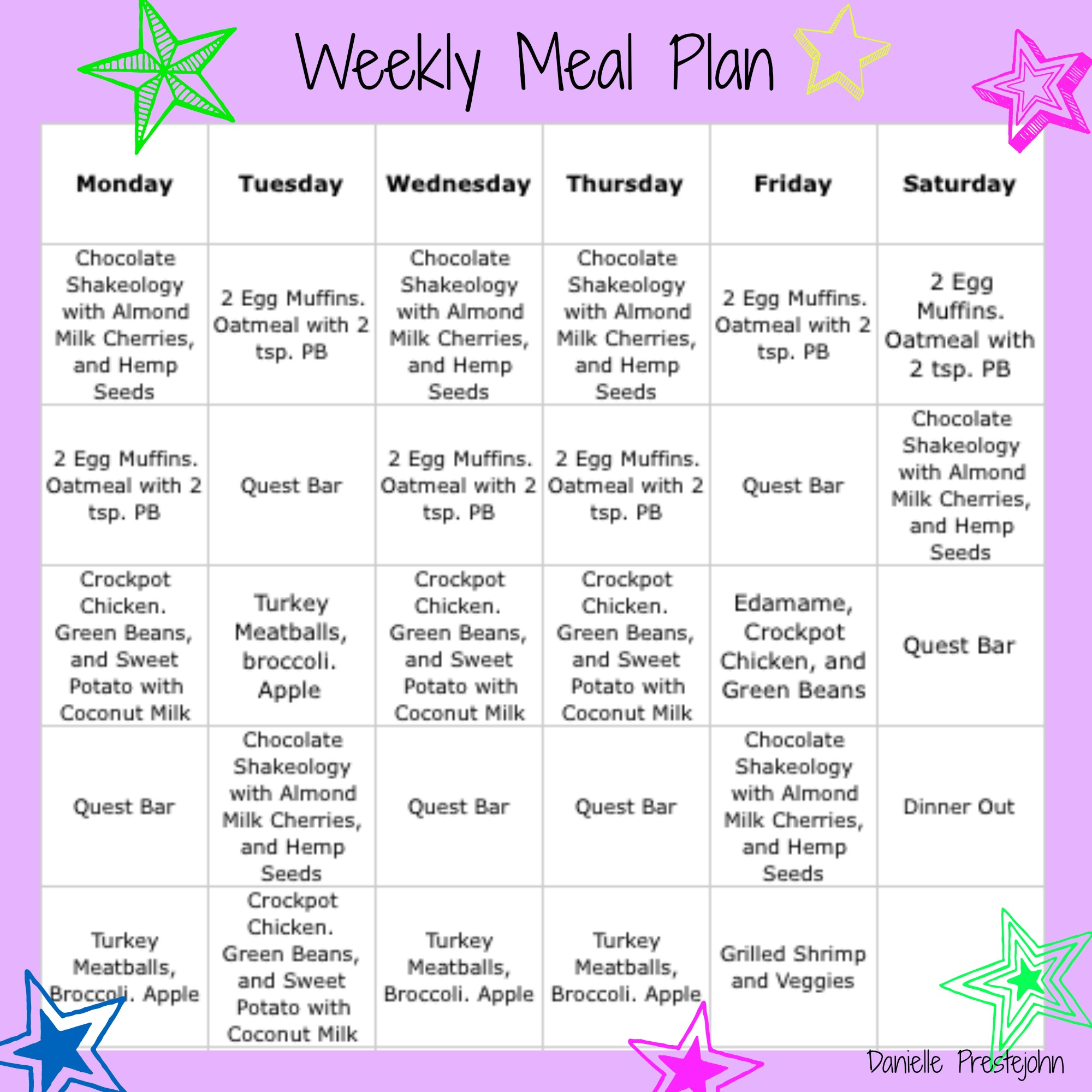 Weekly Meal Plan Danielle Prestejohn